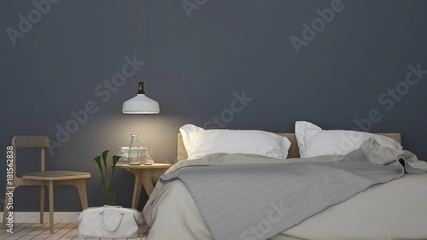 Fototapeta Bedroom room interior space corner of bed and Decorative wall in hotel - 3d rendering minimal style