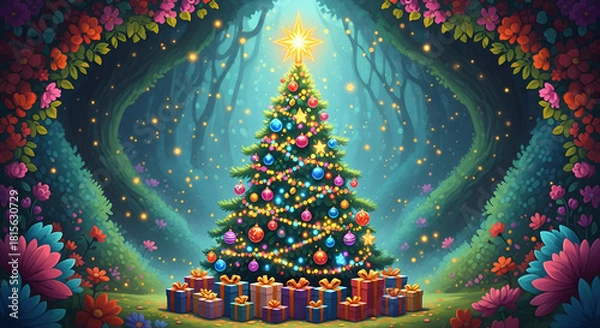 Fototapeta Enchanted christmas tree illuminates a mystical forest at night