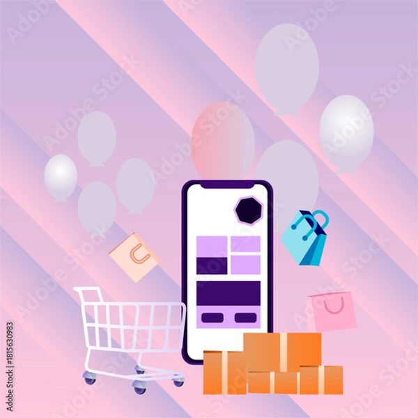 Obraz Online Shopping Illustration with Cart, Boxes, and Smartphone App