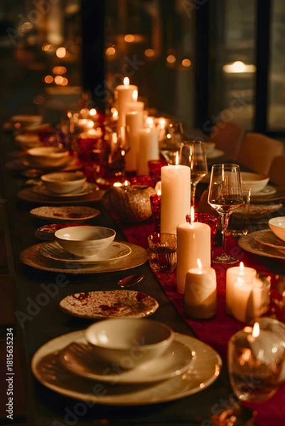 Obraz Elegant candlelit dinner table setting with warm glowing light and festive atmosphere