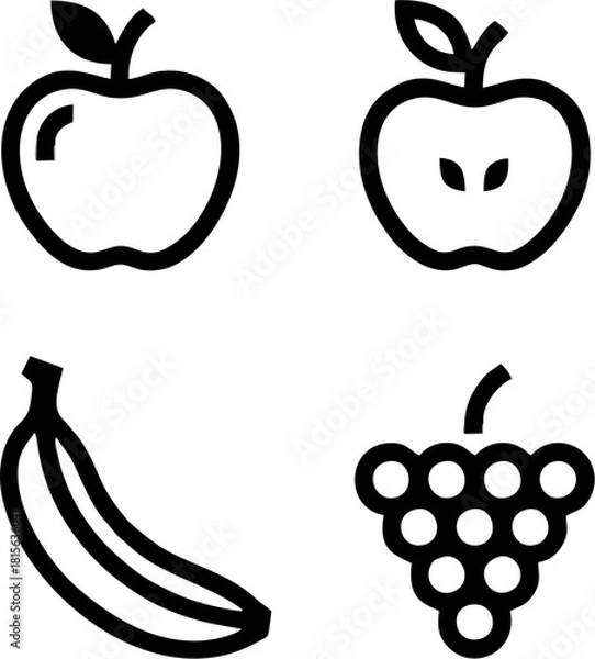 Obraz A collection of simple line art icons depicting various common fruits, including a whole apple, a half apple, a banana, and a bunch of grapes.