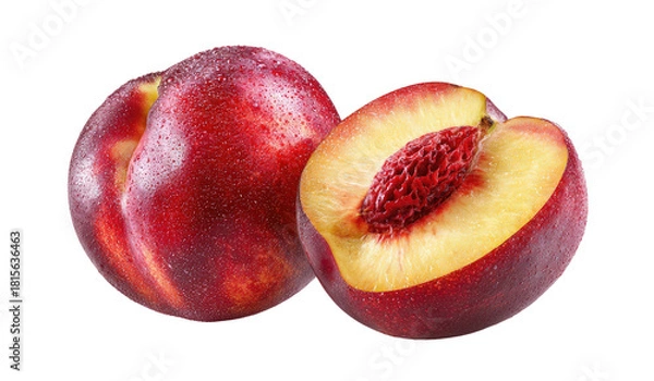 Fototapeta Two ripe nectarines, one halved, showing yellow flesh and pit