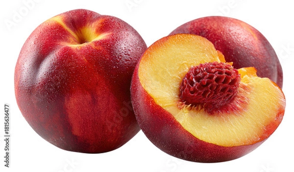 Fototapeta Juicy ripe nectarines, one sliced revealing flesh and pit