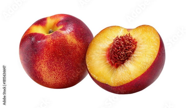 Fototapeta Vibrant nectarine and its sliced half on black background