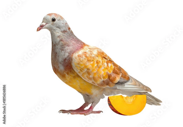 Fototapeta Colorful pigeon perched next to a slice of ripe fruit