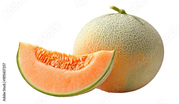 Fototapeta A whole cantaloupe and a bright orange, juicy slice with seeds