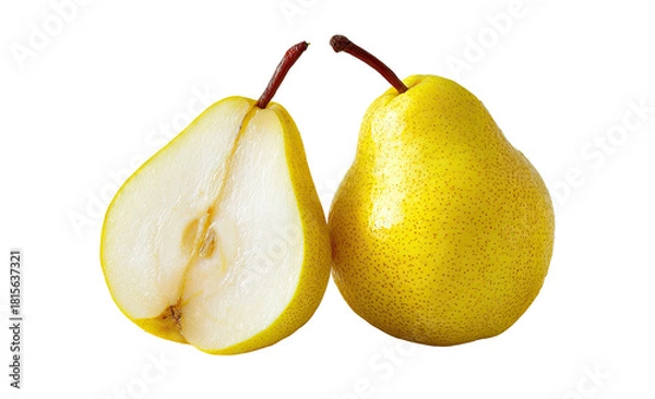 Fototapeta Two juicy pears, one whole and one halved, isolated on black