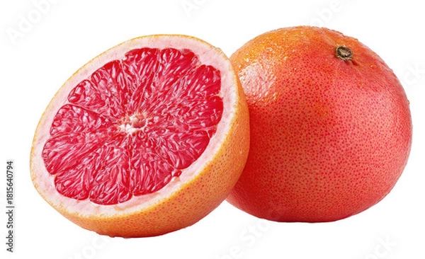 Fototapeta Juicy red grapefruit, whole and cut in half, isolated