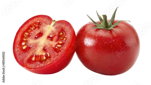 Fototapeta Juicy red tomato, whole and halved, showcasing seeds and pulp