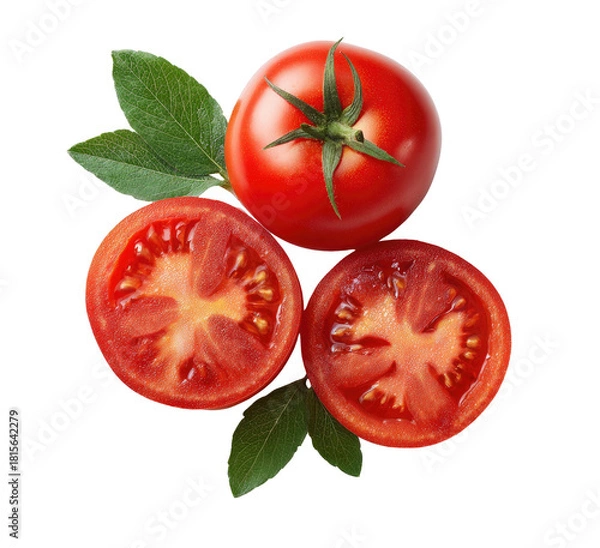 Fototapeta Ripe red tomato, one whole, two halves, with green leaves