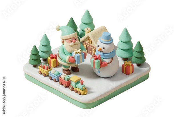 Obraz 3Dクレイ風サンタと雪だるまのクリスマスシーン