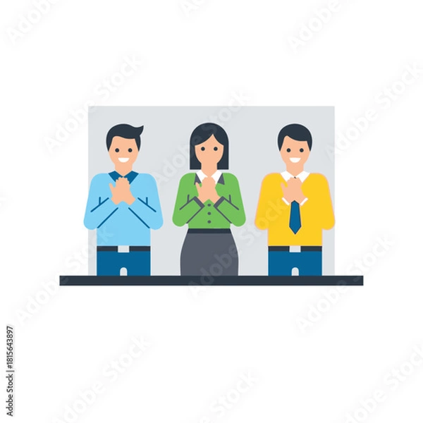 Obraz Three people stand with hands clasped near their chests smiling.