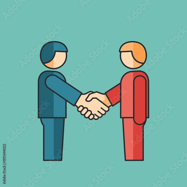 Obraz Two people in suits shaking hands in a stylized flat illustration.