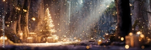 Obraz Enchanted forest path illuminated by magical glowing particles and soft golden light