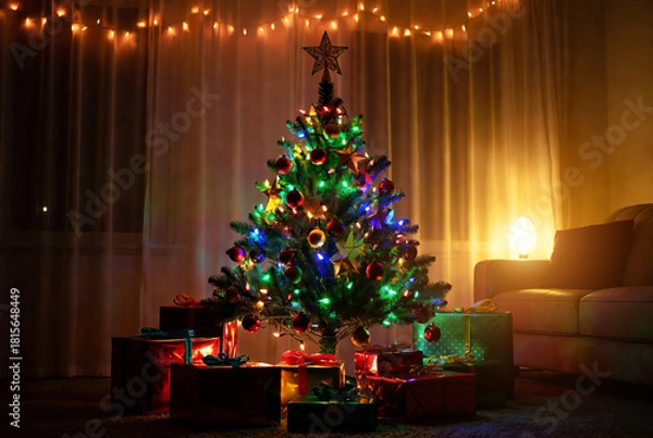 Fototapeta A festively decorated Christmas tree creates a warm and cozy atmosphere next to a blazing fireplace.