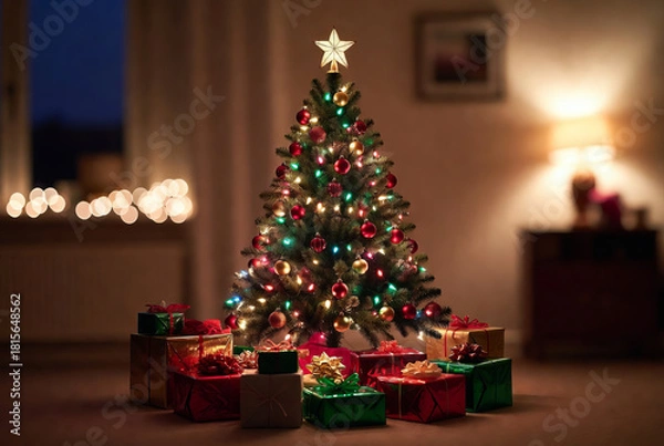 Fototapeta A festively decorated Christmas tree creates a warm and cozy atmosphere next to a blazing fireplace.