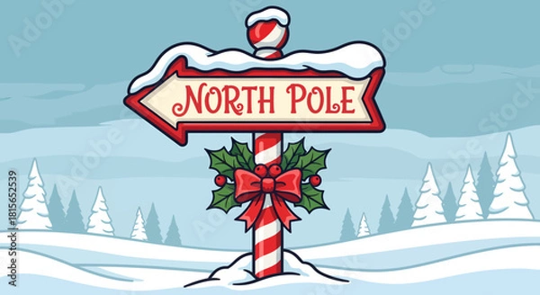 Obraz A festive cartoon North Pole signpost covered in snow, decorated with holly and a red bow, set against a winter wonderland landscape with snow-covered trees.