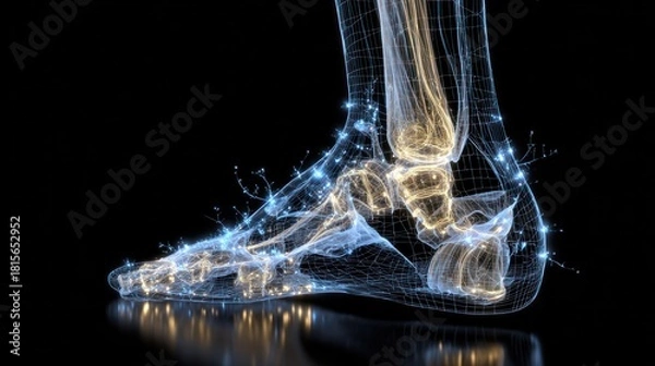 Fototapeta Foot Anatomy Illustration: A detailed, illuminated illustration showcasing the complex skeletal and neural structure of a human foot, presented against a stark backdrop.