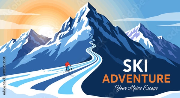 Obraz A vibrant illustration showcasing a skier descending a snowy mountain slope with the words 'Ski Adventure' displayed.