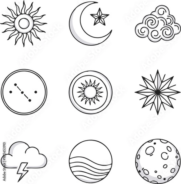 Obraz A collection of nine black and white line art icons depicting celestial bodies, weather phenomena, and natural elements like sun, moon, stars, clouds, lightning, waves, and constellations.