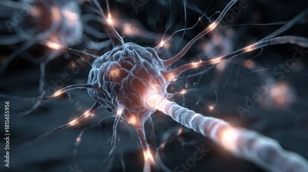 Fototapeta Neural Network Symphony: A detailed macro shot of a neuron firing with electric impulses, showcasing the intricate beauty of the brain's communication pathways.