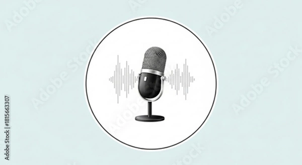 Fototapeta Professional studio microphone with sound waves graphic, depicting podcasting, voice recording, radio, and audio production for digital content