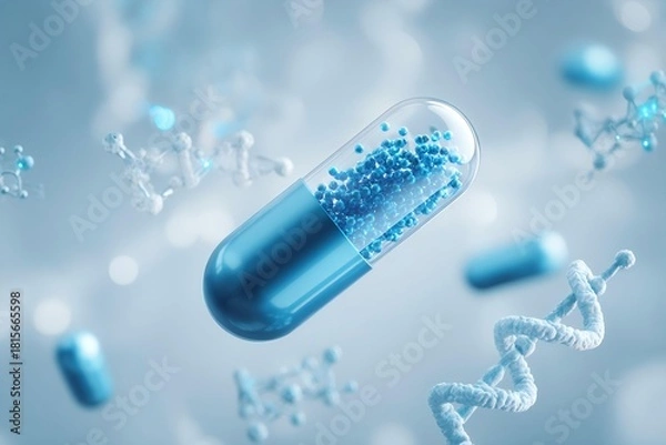 Fototapeta A blue capsule contains blue particles. White molecular structures and DNA double helix structures float around the capsule.