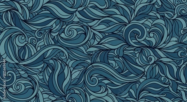 Fototapeta Intricate Blue Abstract Pattern Featuring Swirling Leaf and Wave