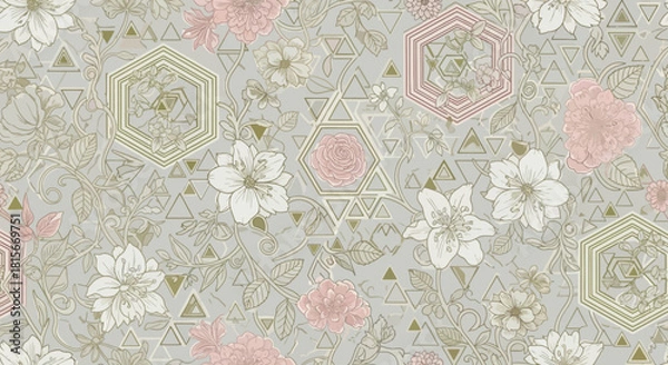Fototapeta Elegant floral pattern with geometric accents and pastel color palette
