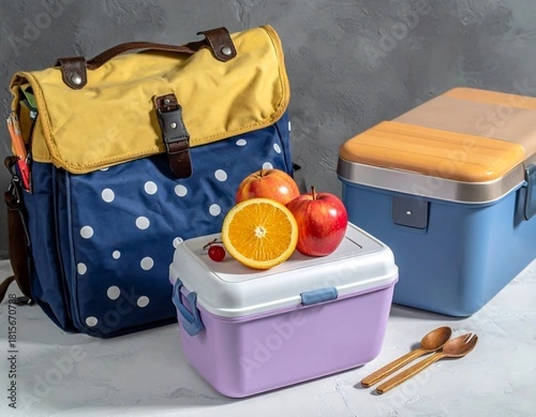 Fototapeta A school bag, lunchboxes, fruit, and utensils are arranged on a surface