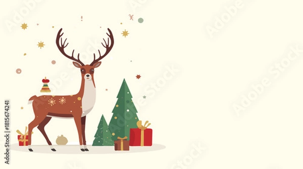Obraz Vector illustration of a Christmas deer and Santa Claus in a flat design style, set against a clean and simple background, with the deer and Santa positioned