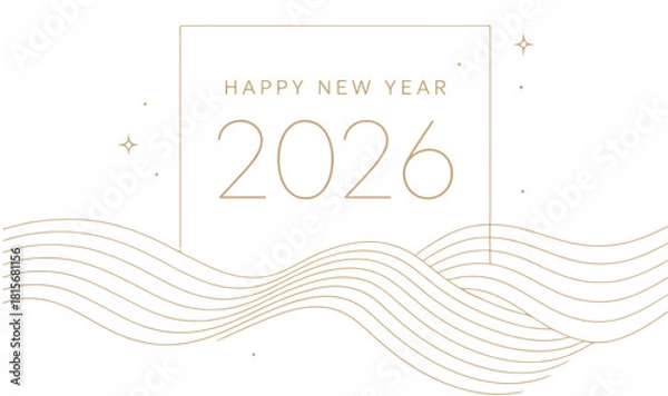 Obraz Luxury Minimalist Happy New Year 2026 Greeting Banner with Golden Wave Lines and Sparkles