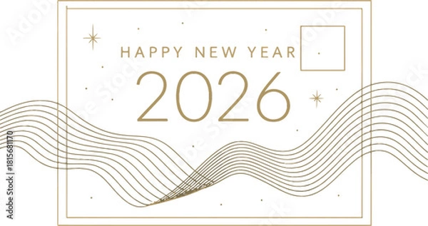 Obraz Happy New Year 2026 Minimalist Luxury Gold Greeting Card Banner Design with Abstract Waves and Stars
