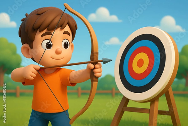 Fototapeta 3D cartoon image of a boy practicing archery