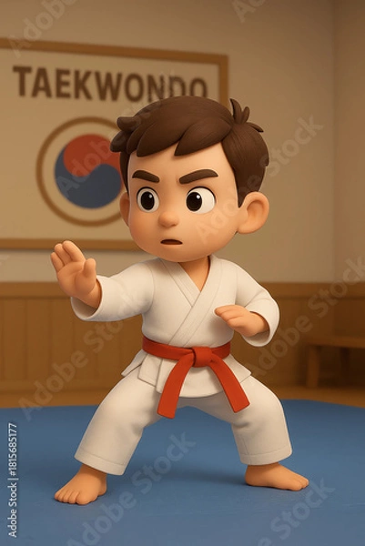 Fototapeta 3D cartoon image of a boy practicing taekwondo