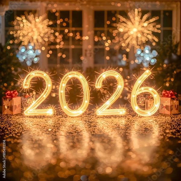 Fototapeta New Year Celebration with Glowing 2026 Light Trails and Fireworks – AI Generated