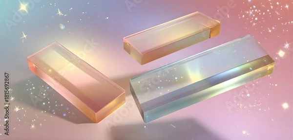 Obraz Three translucent rectangular prisms with iridescent light reflections and sparkling bokeh effects