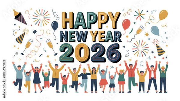 Obraz New Year Celebration in 2026: The New Year's Day is a time of joy and celebration, people gather together for parties to welcome the new year and express their best wishes.