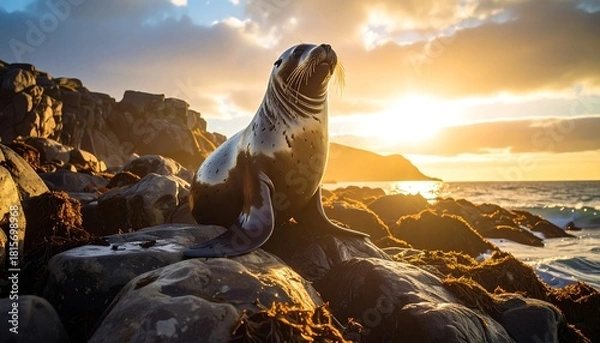Fototapeta A sea lion basks in the golden light of sunset on a rocky coast