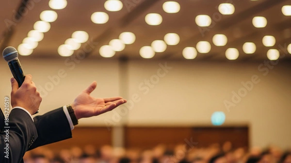 Fototapeta Speaker gesturing while holding microphone addressing audience in conference hall