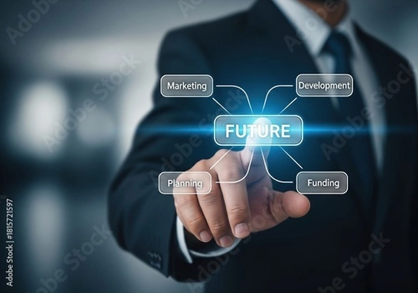 Fototapeta Businessman touching a futuristic interface with the word future at its center