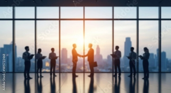 Fototapeta Business people shaking hands in modern office with city skyline sunset view