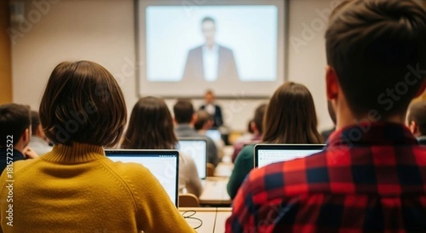 Fototapeta Students in a lecture hall watching a presentation on a large screen
