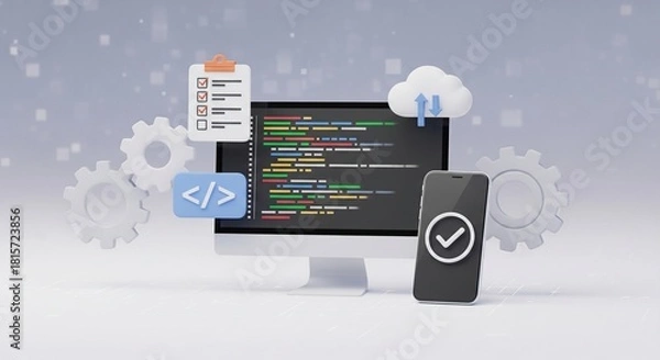 Fototapeta Computer screen displaying code with cloud and checklist icons in a snowy environment