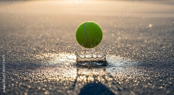 Fototapeta Padel ball bouncing on wet court after light rain, droplets splashing, early morning sunlight reflection