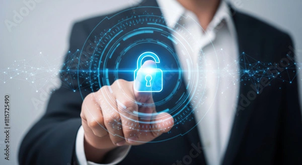 Fototapeta Businessman touching glowing digital padlock for cybersecurity and data protection
