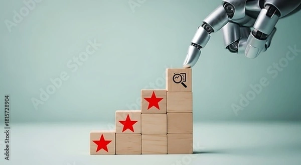 Fototapeta Robotic hand pointing at the top step of a wooden block staircase with star rating and magnifying glass icon
