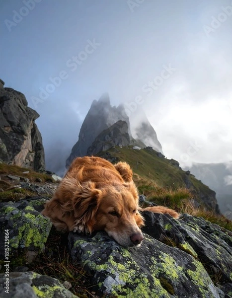 Fototapeta A serene dog resting on rocks overlooking a misty mountain ridge