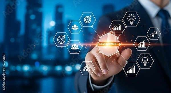 Fototapeta Businessman touching a glowing digital interface with business strategy icons against a blurred city background