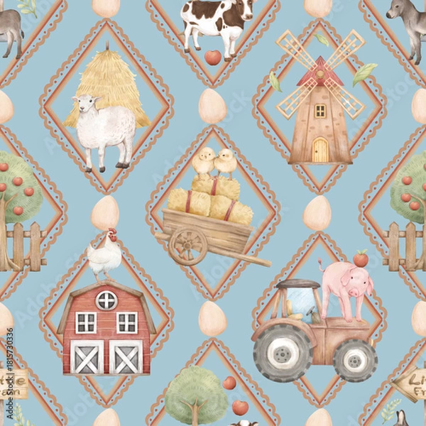 Obraz Little Farm Animals Seamless Pattern with Barn, Tractor, Trees, Chicks, Cows, Pigs, Sheep, Donkey, Boots, Windmill, and Farm Elements for Kids Products and Nursery Designs
